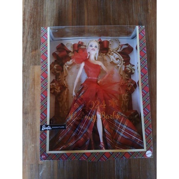2024 Holiday Barbie Doll Platinum Blonde Hair Red Gown Plaid Skirt Gift - Picture 3 of 5